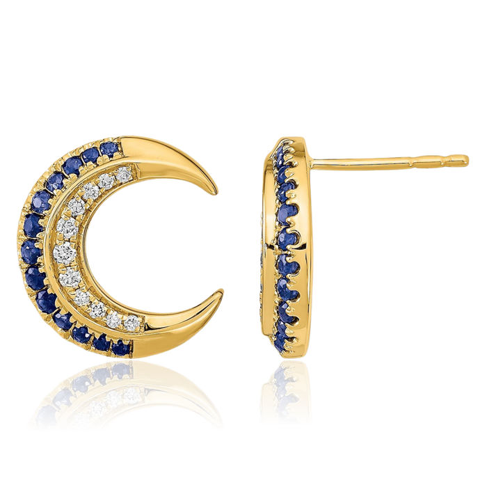 14K Solid Yellow Gold Crescent Moon Blue Sapphire Diamond Studs Gemstone Earrings Celestial Jewelry