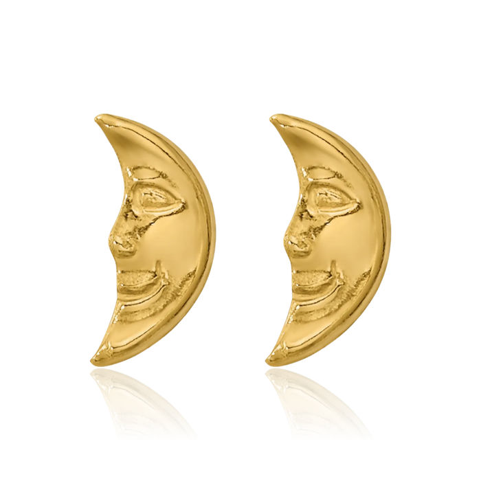 14K Solid Yellow Gold Crescent Moon Face Stud Earrings Celestial Jewelry