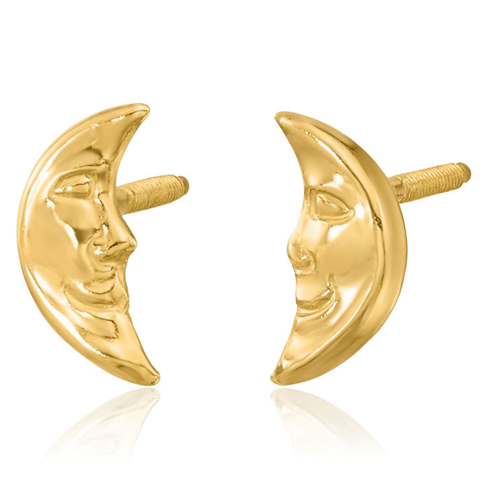 14K Solid Yellow Gold Crescent Moon Face Stud Earrings Celestial Jewelry