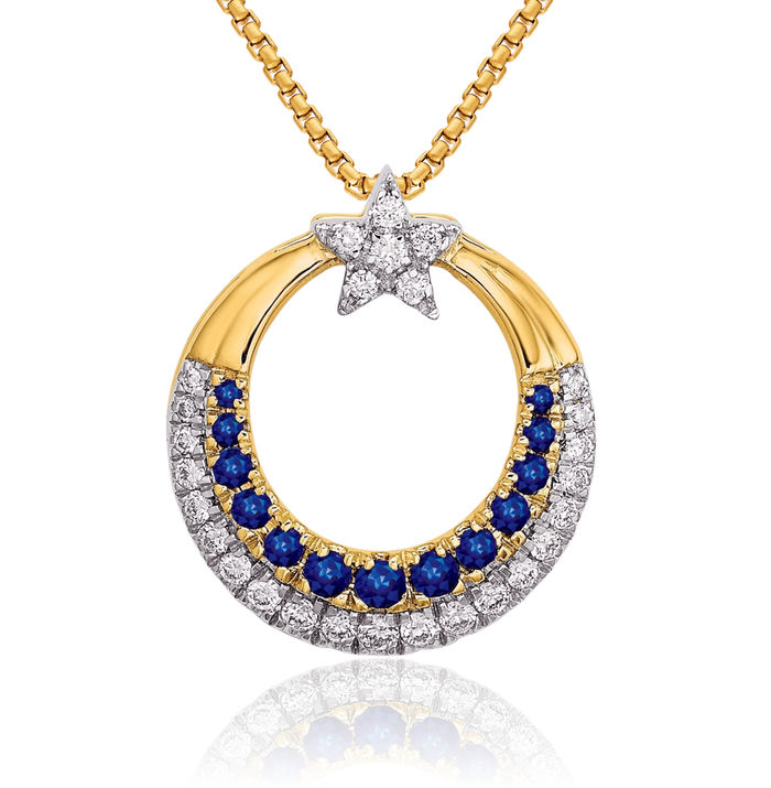 14K Solid Yellow Gold Crescent Moon Star Blue Sapphire Diamond Floating Chain Slide Pendant Necklace Gemstone Charm