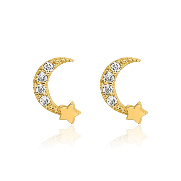 14K Solid Yellow Gold Crescent Moon Star Cubic Zirconia CZ Stud Earrings Celestial Jewelry