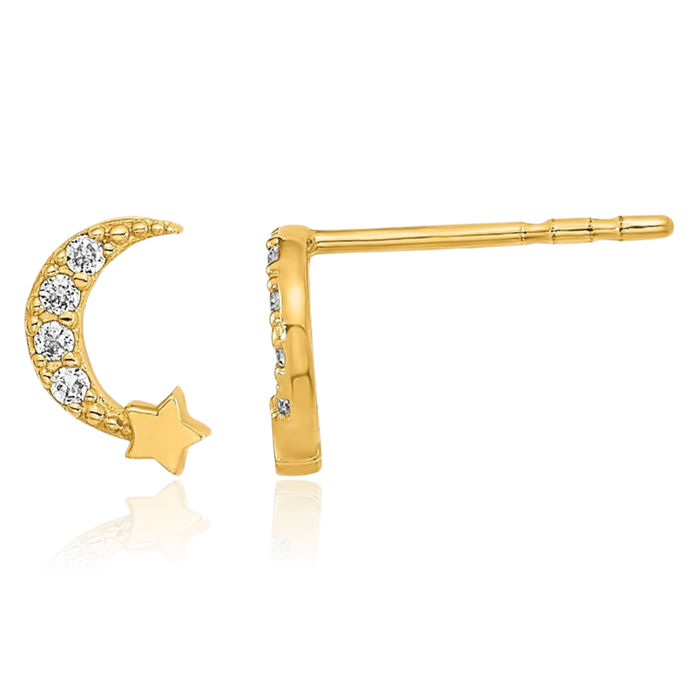 14K Solid Yellow Gold Crescent Moon Star Cubic Zirconia CZ Stud Earrings Celestial Jewelry