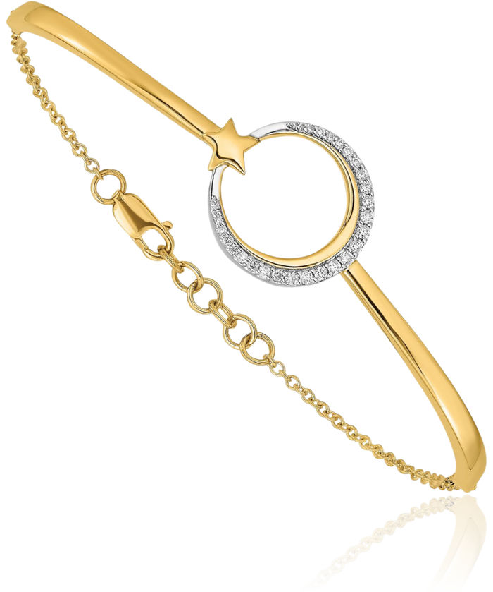 14K Solid Yellow Gold Crescent Moon Star Diamond Chain Tennis Charm Bracelet