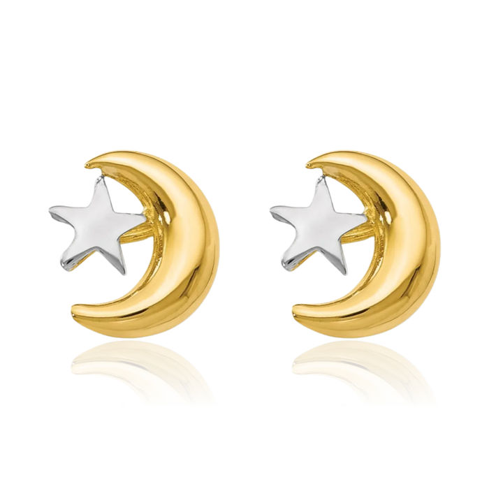 14K Solid Yellow Gold Crescent Moon Star Stud Earrings Celestial Jewelry