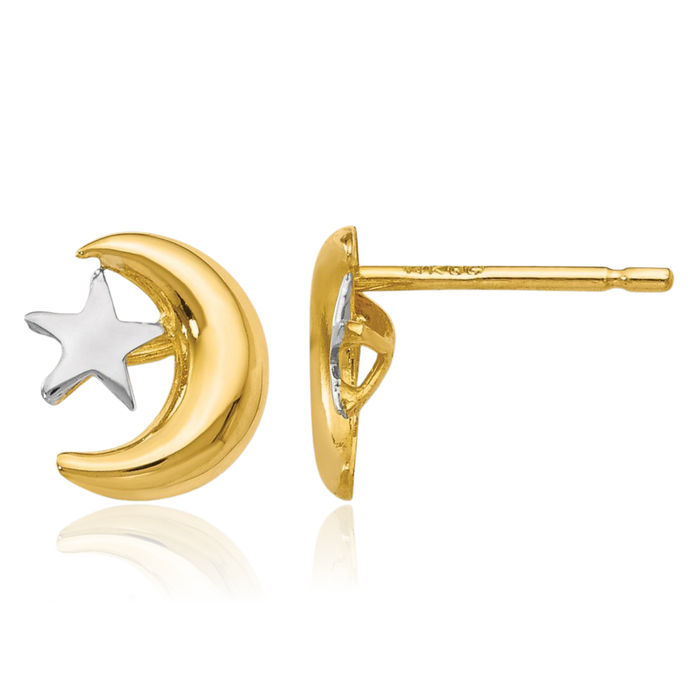 14K Solid Yellow Gold Crescent Moon Star Stud Earrings Celestial Jewelry