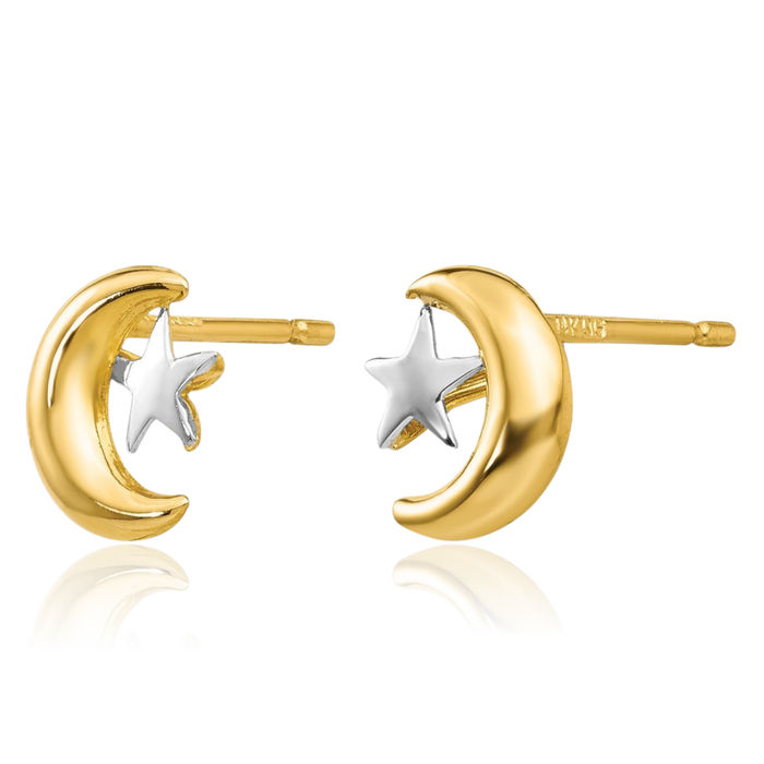 14K Solid Yellow Gold Crescent Moon Star Stud Earrings Celestial Jewelry