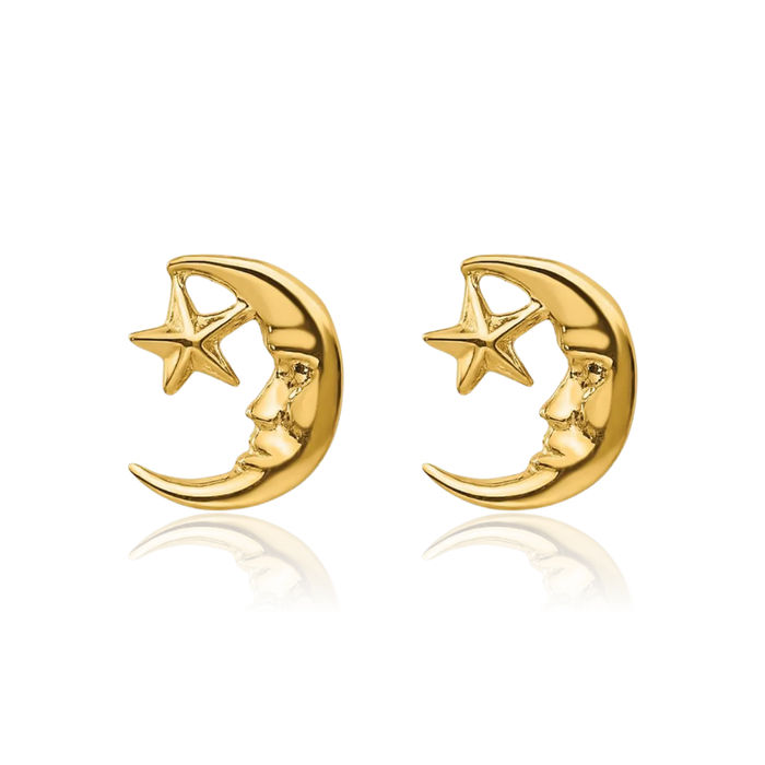 14K Solid Yellow Gold Crescent Moon Star Stud Earrings Celestial Jewelry