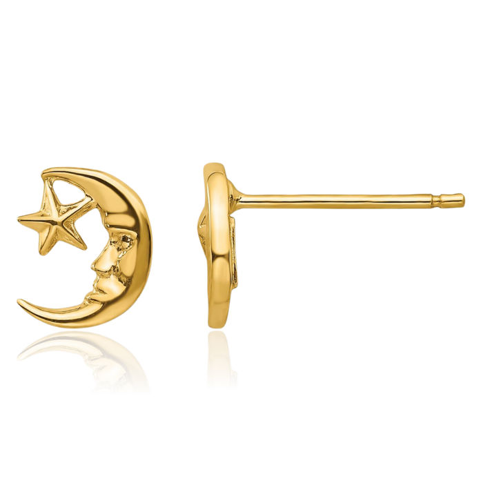 14K Solid Yellow Gold Crescent Moon Star Stud Earrings Celestial Jewelry