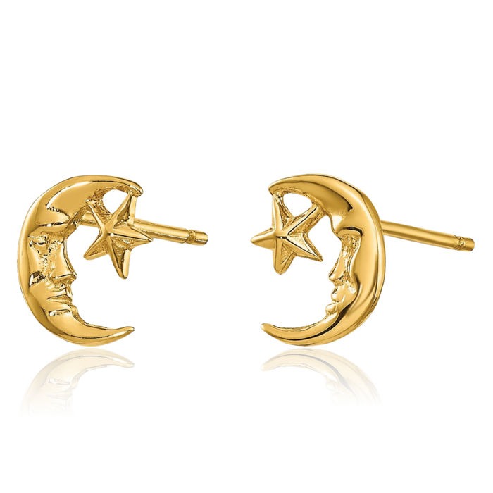 14K Solid Yellow Gold Crescent Moon Star Stud Earrings Celestial Jewelry