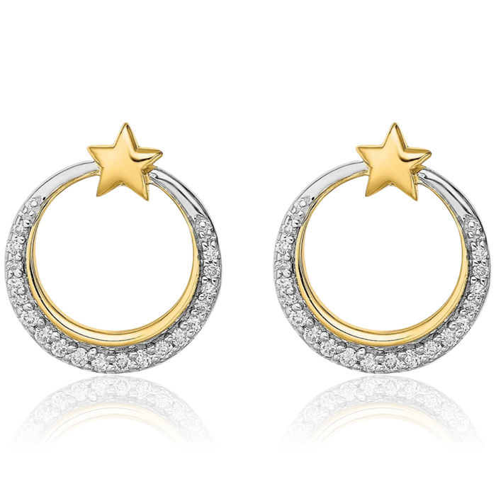 14K Solid Yellow Gold Crescent Moon Stars Diamond Stud Earrings Celestial Jewelry