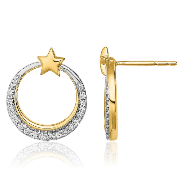 14K Solid Yellow Gold Crescent Moon Stars Diamond Stud Earrings Celestial Jewelry