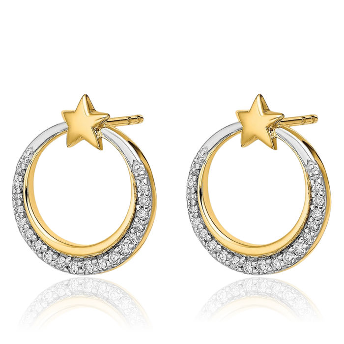 14K Solid Yellow Gold Crescent Moon Stars Diamond Stud Earrings Celestial Jewelry