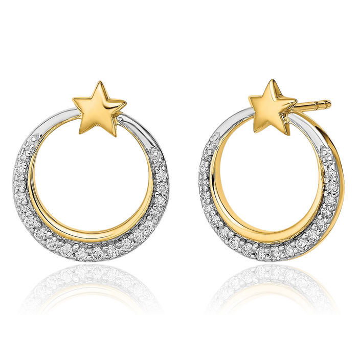 14K Solid Yellow Gold Crescent Moon Stars Diamond Stud Earrings Celestial Jewelry