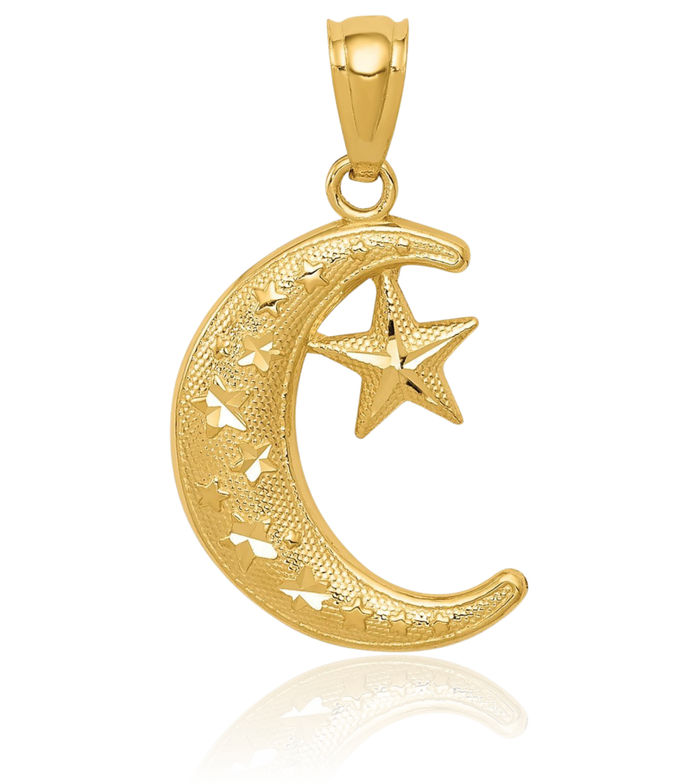 14K Solid Yellow Gold Crescent Moon Stars Necklace Chain Pendant Charm