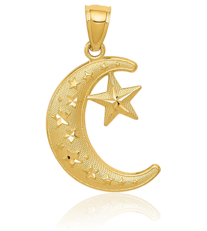 14K Solid Yellow Gold Crescent Moon Stars Necklace Chain Pendant Charm