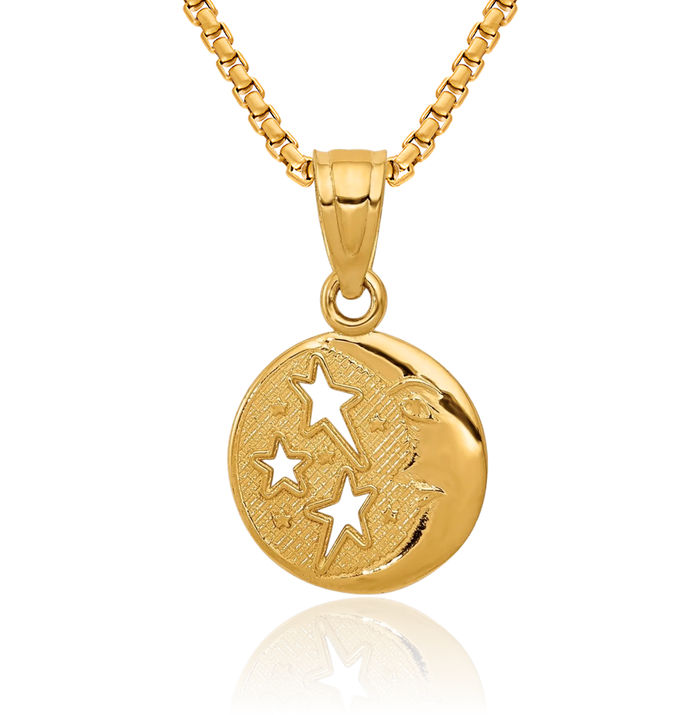 14K Solid Yellow Gold Crescent Moon Stars Necklace Chain Pendant Charm