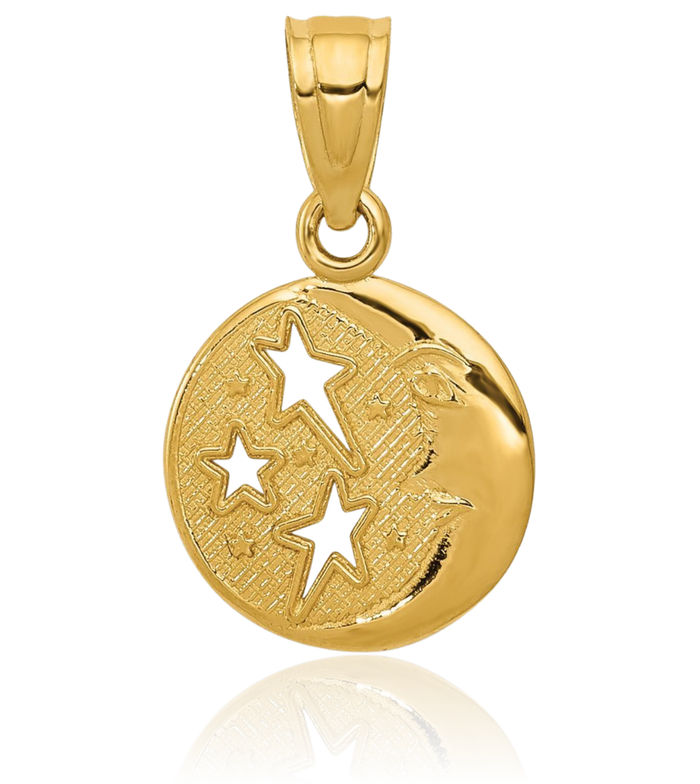 14K Solid Yellow Gold Crescent Moon Stars Necklace Chain Pendant Charm