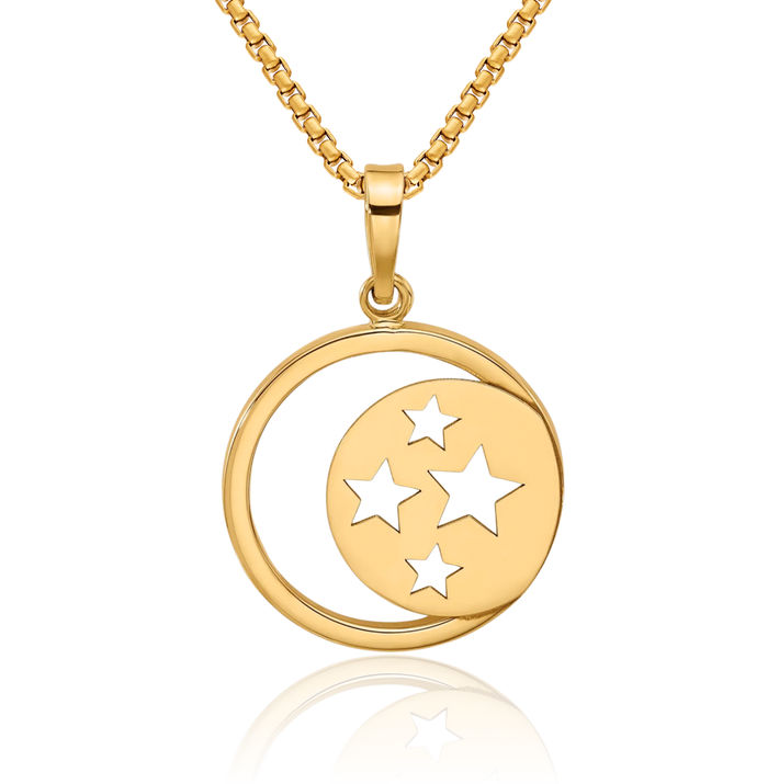 14K Solid Yellow Gold Crescent Moon Stars Necklace Chain Pendant Charm