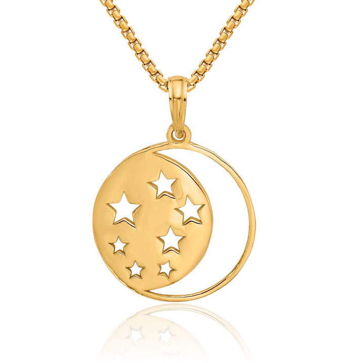 14K Solid Yellow Gold Crescent Moon Stars Necklace Chain Pendant Charm