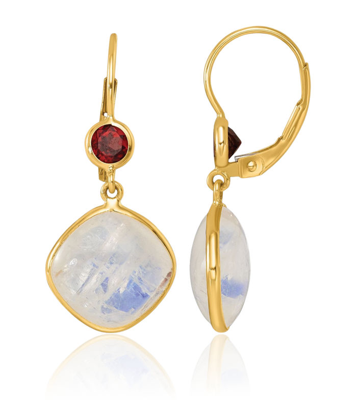 14K Solid Yellow Gold Moonstone Red Garnet Topaz Drop Dangle Earrings Gemstone