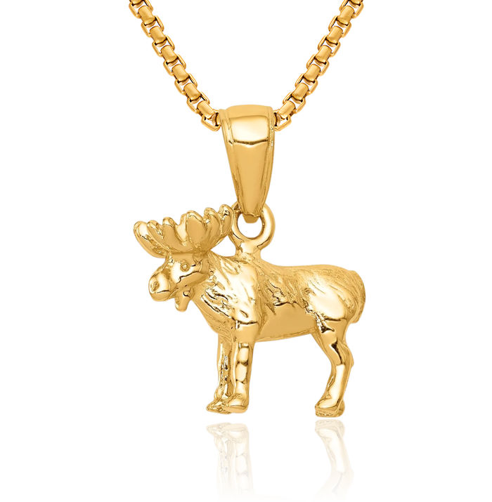 14K Solid Yellow Gold Moose Necklace Chain Pendant Charm