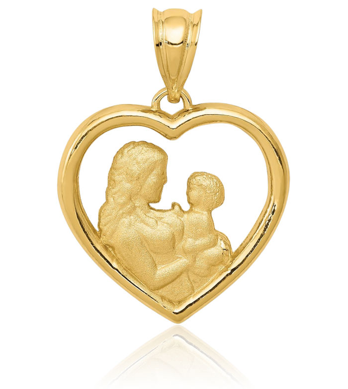 14K Solid Yellow Gold Mother Daughter Heart Necklace Mama Charm Pendant