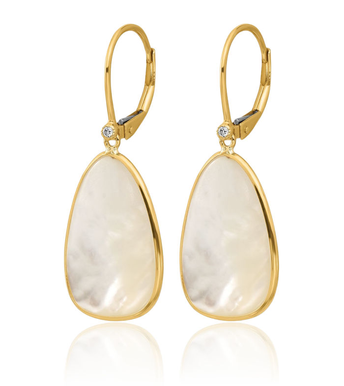 14K Solid Yellow Gold Mother of Pearl Diamond Drop Dangle Earrings Gemstone