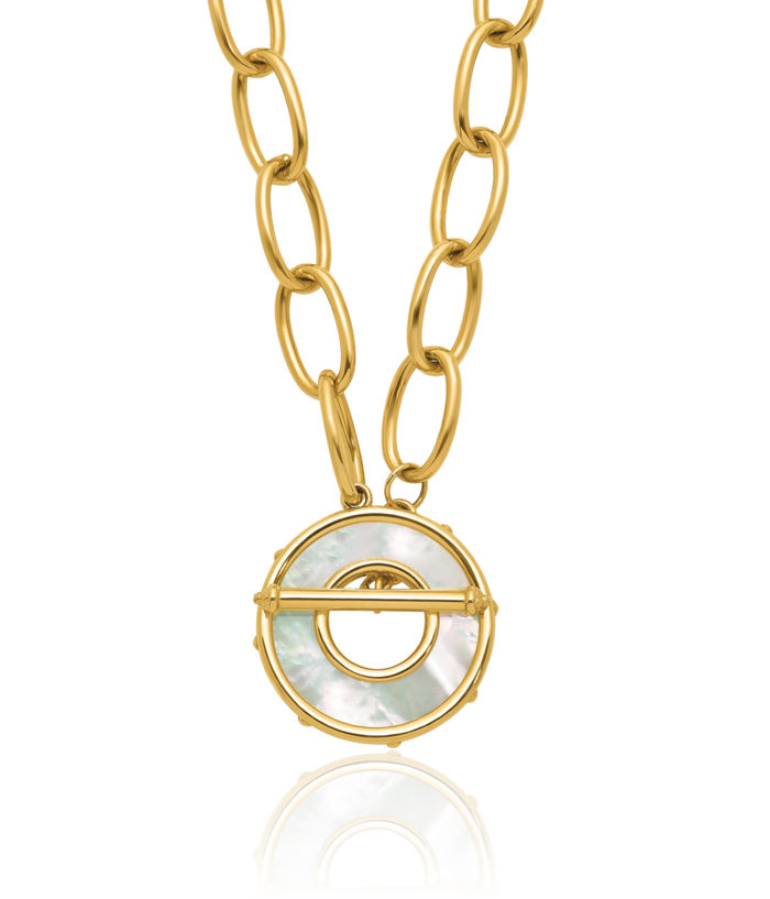 14K Solid Yellow Gold Mother of Pearl Disc Oval Cable Rolo Link Chain Necklace Toggle Clasp