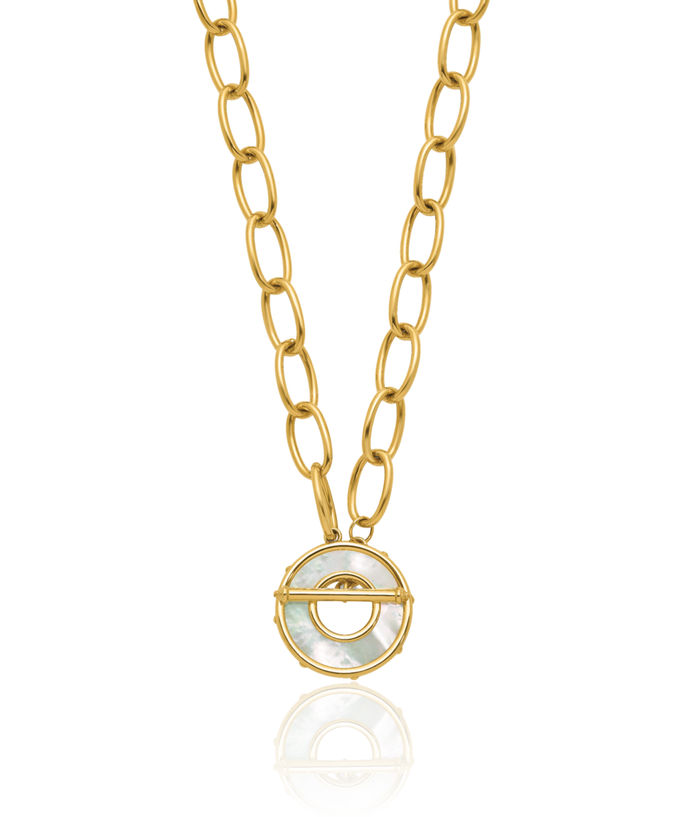 14K Solid Yellow Gold Mother of Pearl Disc Oval Cable Rolo Link Chain Necklace Toggle Clasp