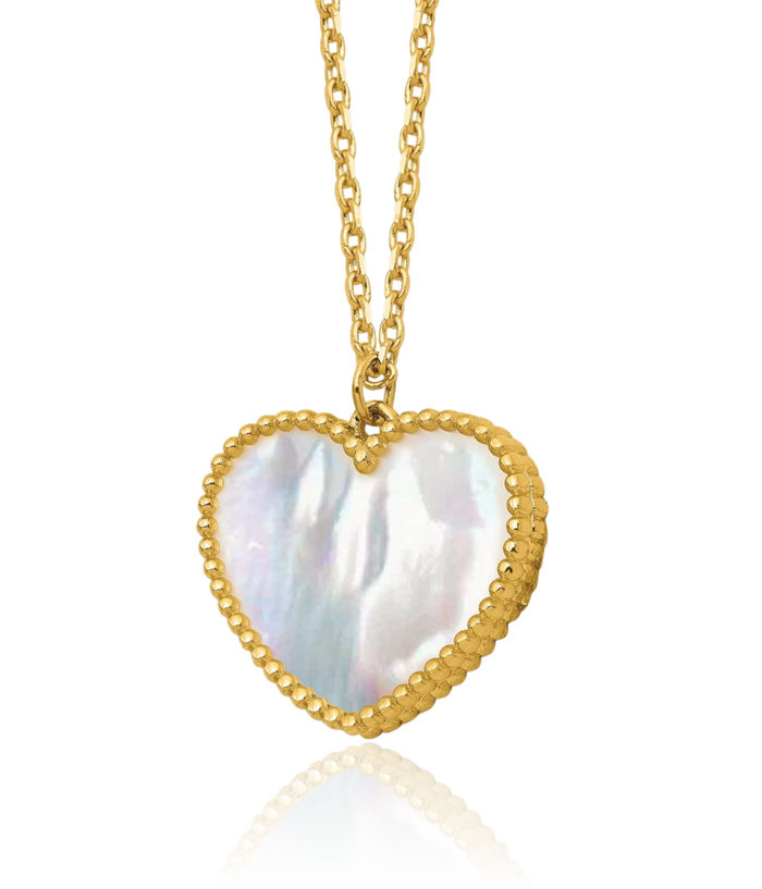 14K Solid Yellow Gold Mother of Pearl Heart Necklace Love Pendant Friendship Charm Chain