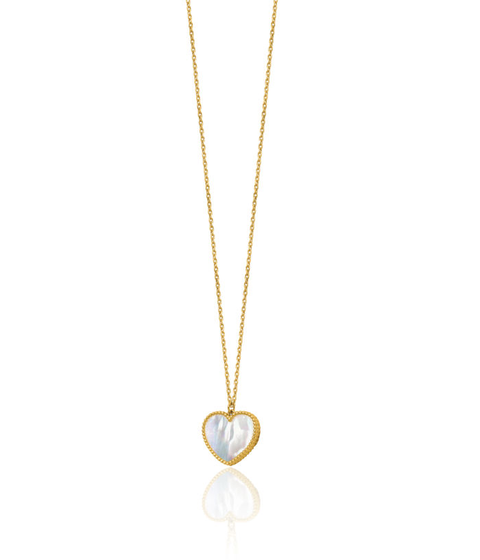 14K Solid Yellow Gold Mother of Pearl Heart Necklace Love Pendant Friendship Charm Chain