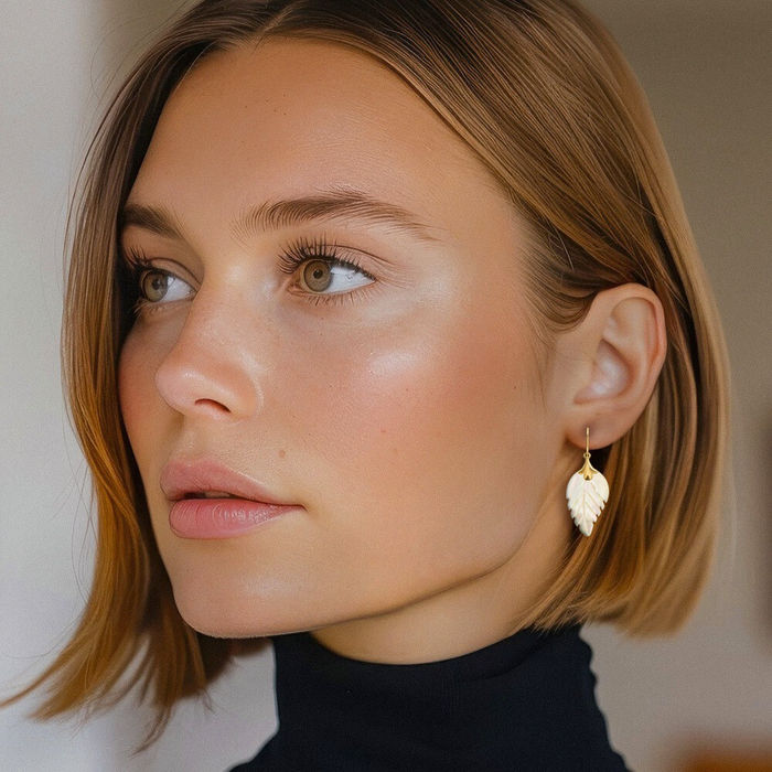 14k Gold Mother Of Pearl Leaf Dangle Earrings