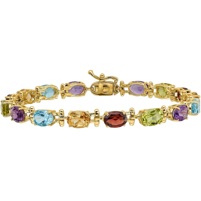 14K Solid Yellow Gold Rainbow Multi-color Gemstone Purple Amethyst Green Peridot Red Garnet Orange Citrine Blue Topaz Tennis Bracelet