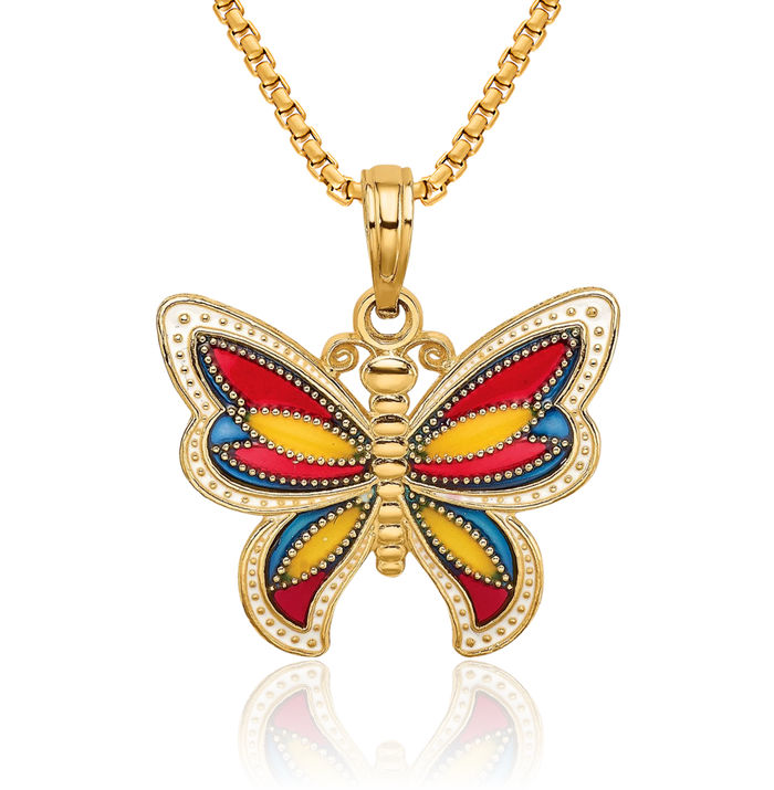 14K Solid Yellow Gold Multi-color Beaded Wings Butterfly Necklace Chain Pendant Charm