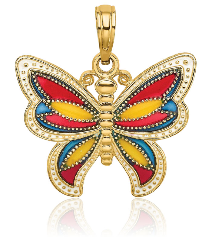 14K Solid Yellow Gold Multi-color Beaded Wings Butterfly Necklace Chain Pendant Charm