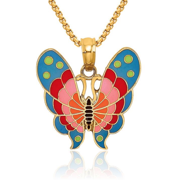14K Solid Yellow Gold Multi-color Butterfly Wings Necklace Chain Pendant Charm
