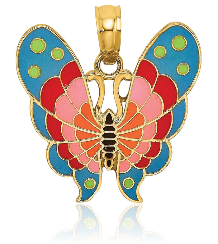 14K Solid Yellow Gold Multi-color Butterfly Wings Necklace Chain Pendant Charm