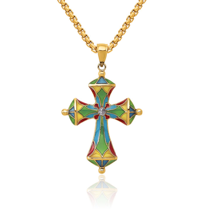 14K Solid Yellow Gold Multi-color Holy Cross Necklace Religious Chain Pendant Jesus Christ Charm