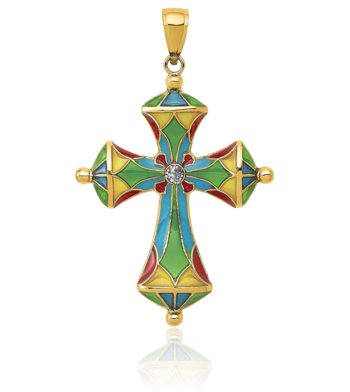 14K Solid Yellow Gold Multi-color Holy Cross Necklace Religious Chain Pendant Jesus Christ Charm