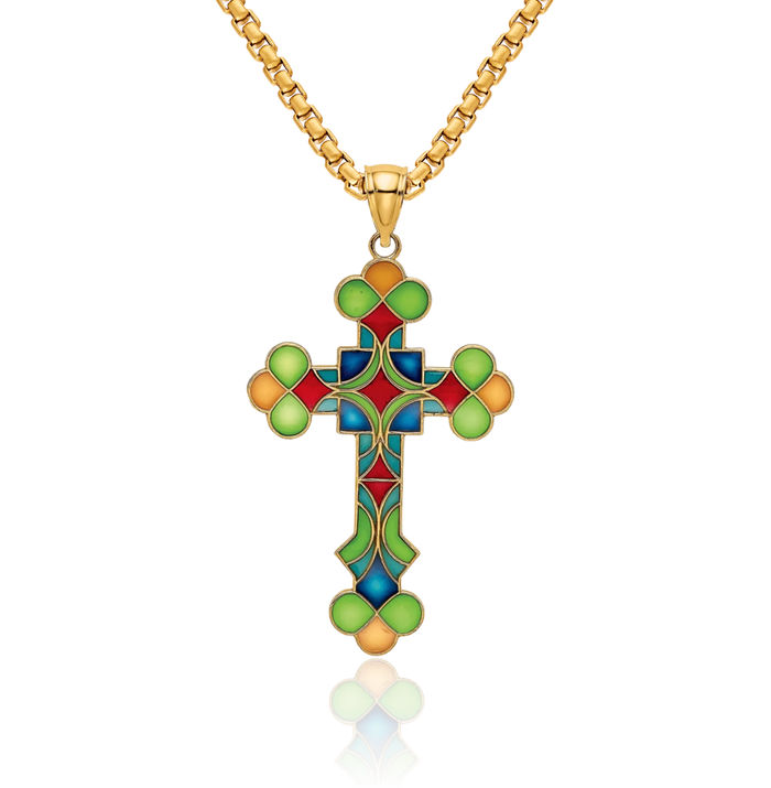 14K Solid Yellow Gold Multi-color Holy Cross Necklace Religious Chain Pendant Jesus Christ Charm