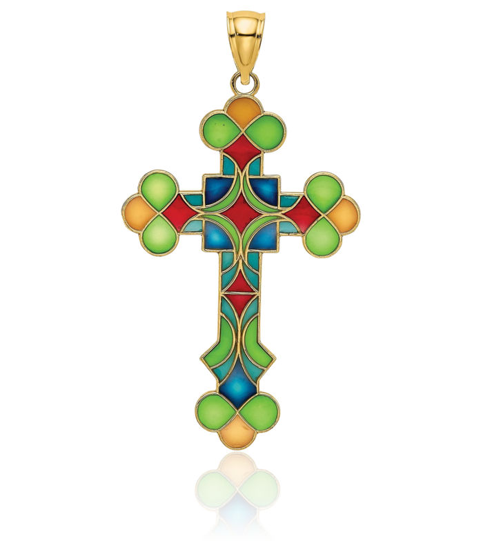14K Solid Yellow Gold Multi-color Holy Cross Necklace Religious Chain Pendant Jesus Christ Charm
