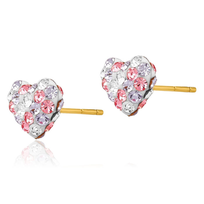 14K Solid Yellow Gold Multi-color Rhinestone Crystals 8mm Heart Stud Earrings