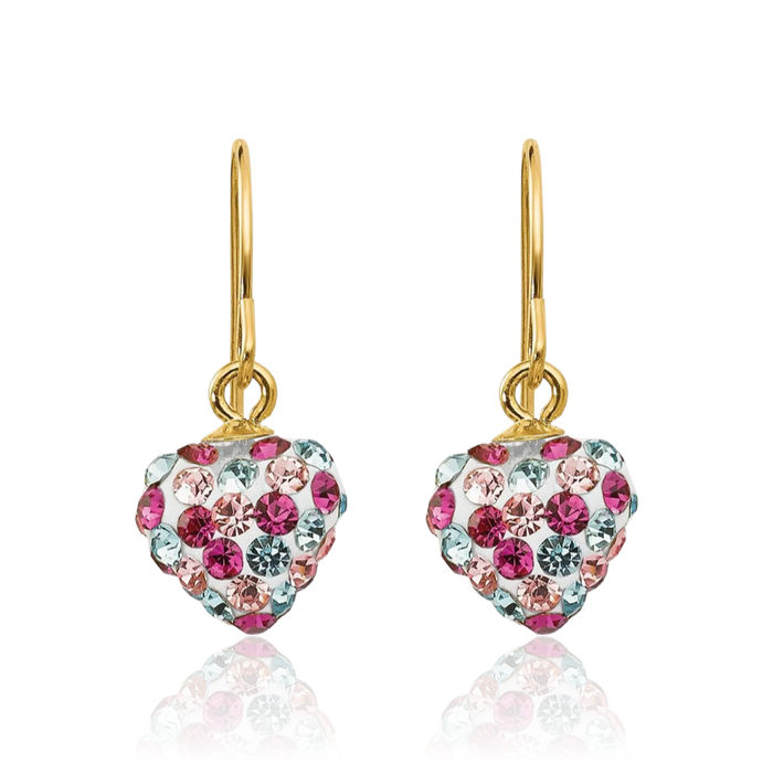 14K Solid Yellow Gold Multi-color Rhinestone Crystals Heart Drop Dangle Earrings