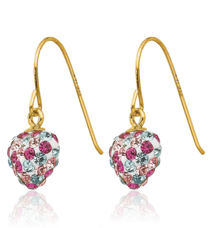 14K Solid Yellow Gold Multi-color Rhinestone Crystals Heart Drop Dangle Earrings