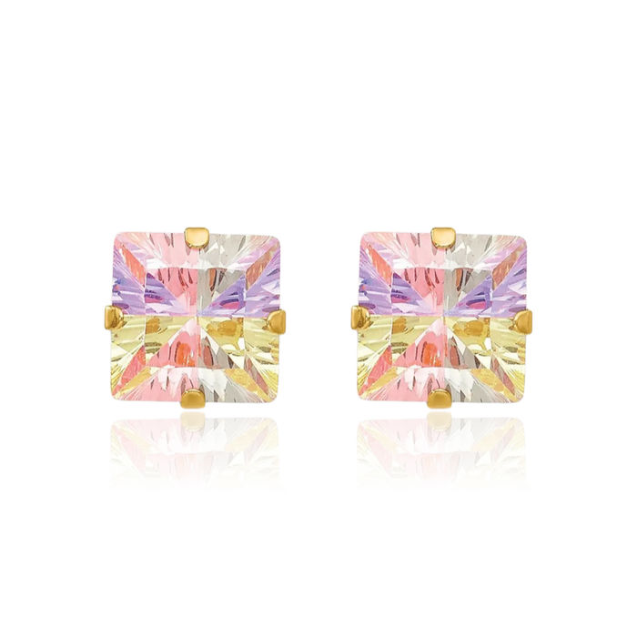 14K Solid Yellow Gold Multi-color Cubic Zirconia CZ 6mm Square Stud Earrings