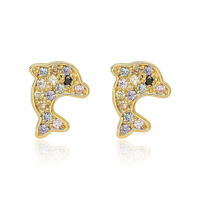 14K Solid Yellow Gold Multi-color Cubic Zirconia CZ Sea Dolphin Ocean Fish Beach Nautical Stud Earrings