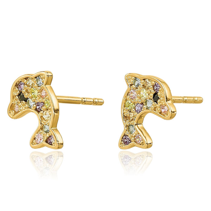 14K Solid Yellow Gold Multi-color Cubic Zirconia CZ Sea Dolphin Ocean Fish Beach Nautical Stud Earrings