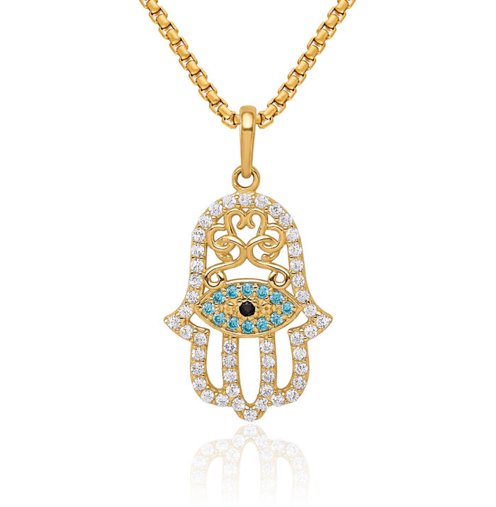 14K Solid Yellow Gold Multi-color Cubic Zirconia CZ Hamsa Hand of Fatima Blue Evil Eye Protection Necklace Judaica Religious Chain Pendant Israel Charm