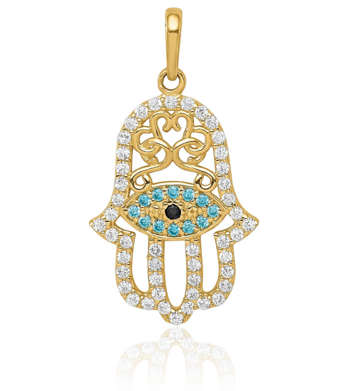 14K Solid Yellow Gold Multi-color Cubic Zirconia CZ Hamsa Hand of Fatima Blue Evil Eye Protection Necklace Judaica Religious Chain Pendant Israel Charm