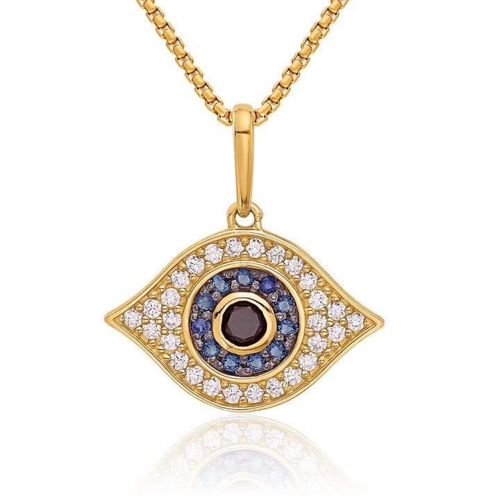 14K Solid Yellow Gold Multi-color Cubic Zirconia CZ Hamsa Hand of Fatima Evil Eye Protection Good Luck Blue Necklace Chain Pendant Charm